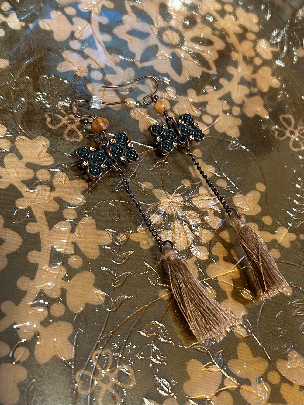 Floral Metal Drop copper bow Earrings with Brown Tassels